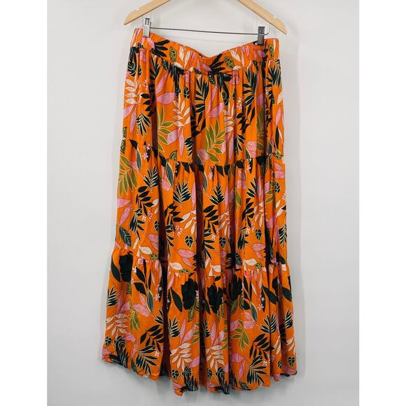 Eloquii Tropical Print Maxi Skirt Tiered Palm Leaf Floral Orange Womens 14/16 - Picture 2 of 8